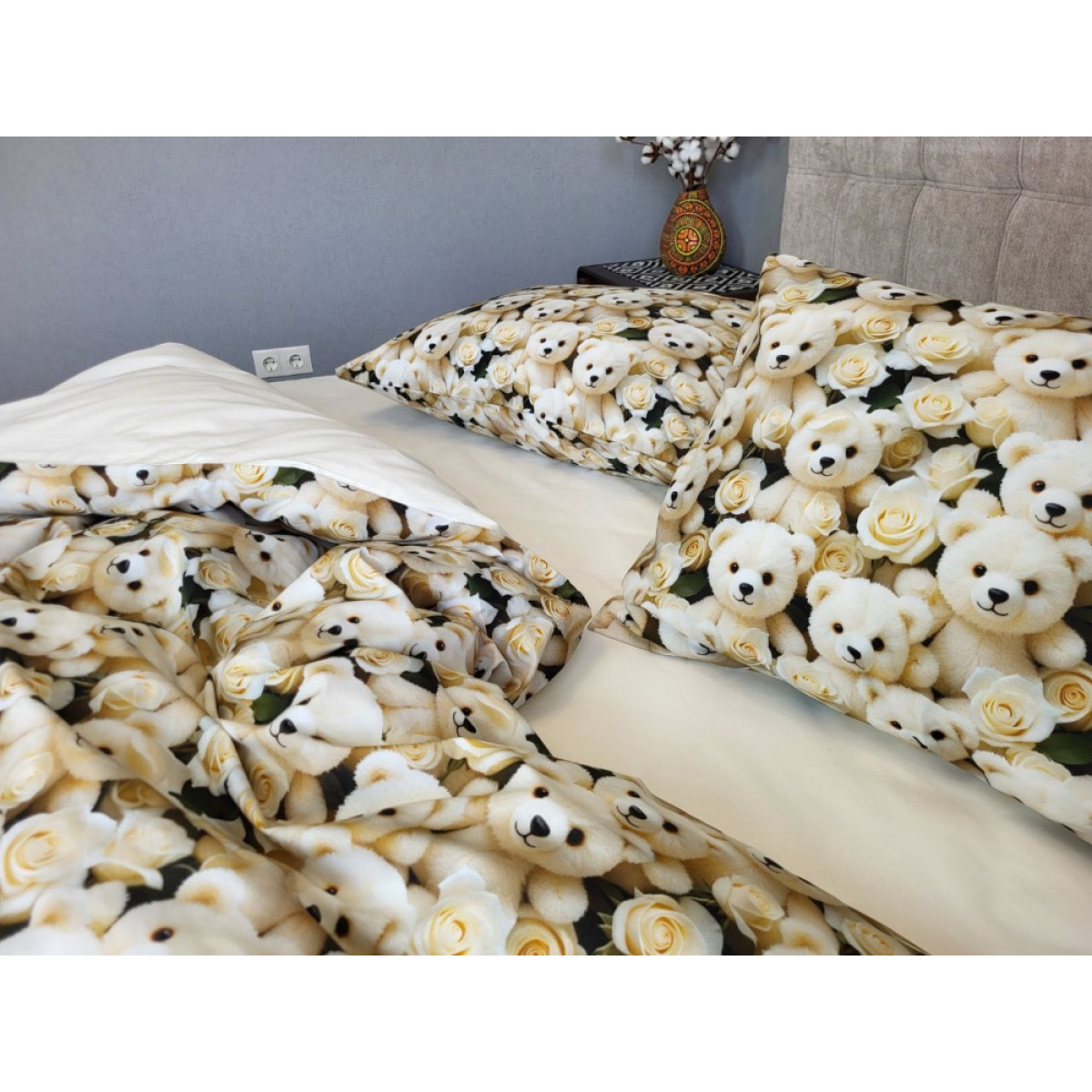 Бавовняна постіль cotton 5D Ведмедик із Трояндою